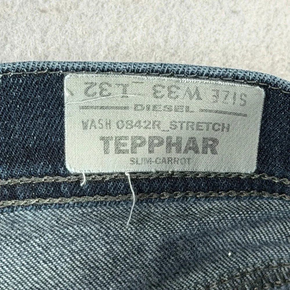 Diesel Tepphar Slim-Carrot Jeans 0842R Stretch Distressed Mens 33x32 Dark Blue